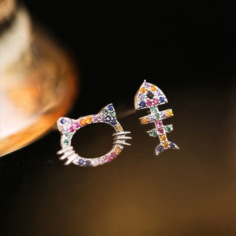 Cat and Fish Girls Solid Sterling Silver Stud Earrings Enamel Kitty Animal Ear Studs Jewelry Gifts for Kids