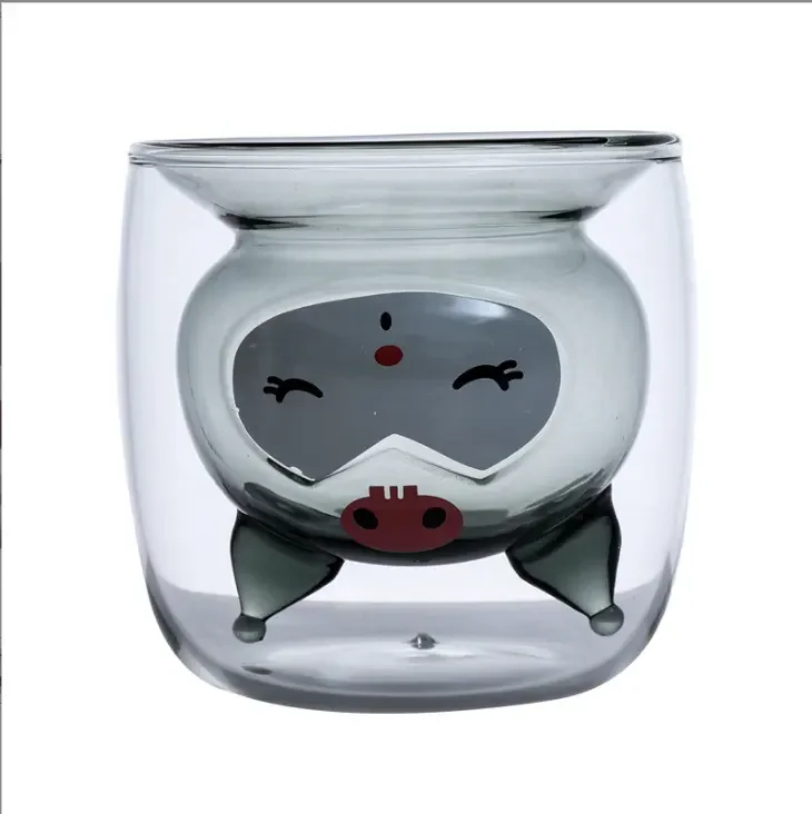 Heat resistant cartoon cute animal bear shape transparent cat color double-walled glass coffee cup for gifts