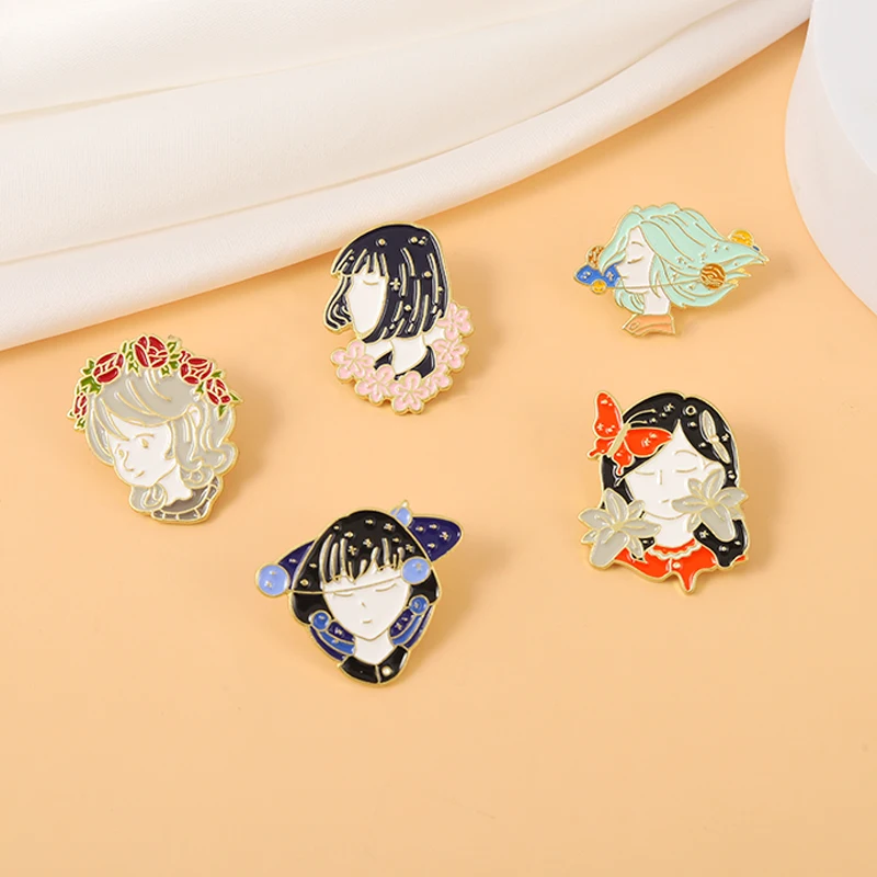 5 Styles Outer Space Girl Cartoon Anime Pins Wholesale Planets Flowers Butterfly Brooches hard enamel pin custom Lapel Badges