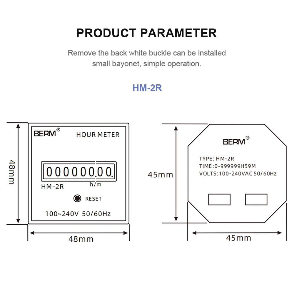 HM-2R counter timer 0-999999H59M black square digital display LED8-bit 100-240V AC hour meter