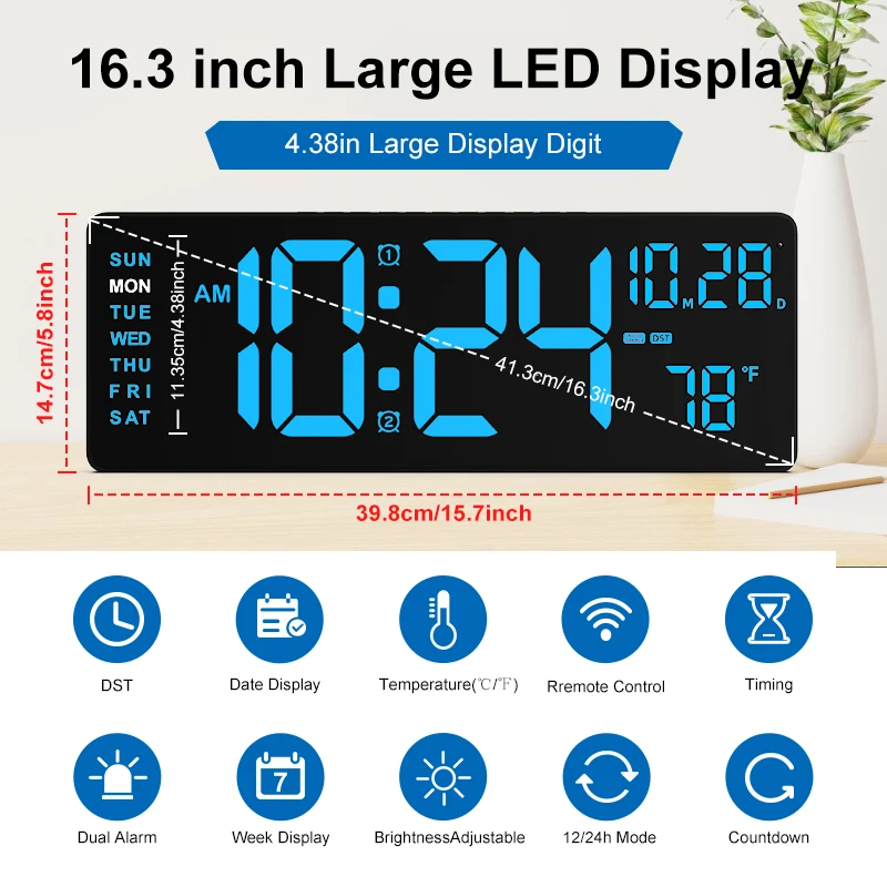 Large Wall Electrical Clock Calendar Day Digital Green Lede Wall Clock Temperature with Remote Control Alarm Clock