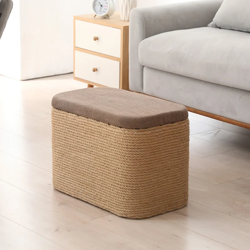 Household Linen Rope Stool Change Shoe Double Purpose Solid Wood Storage Stool Footrest Square Round Bench