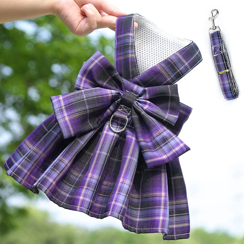 Pet JK plaid skirt chest strap leash Walk dog Cat vest clothes Teddy Method fight