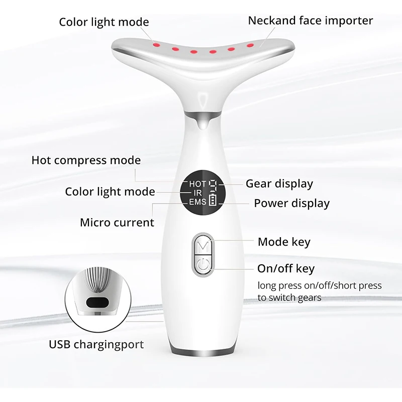 Smart Handheld 3 in 1 Face Lifting Instrument with 9 Gear 3 Color Modes Anti Wrinkles Neck Massager Device