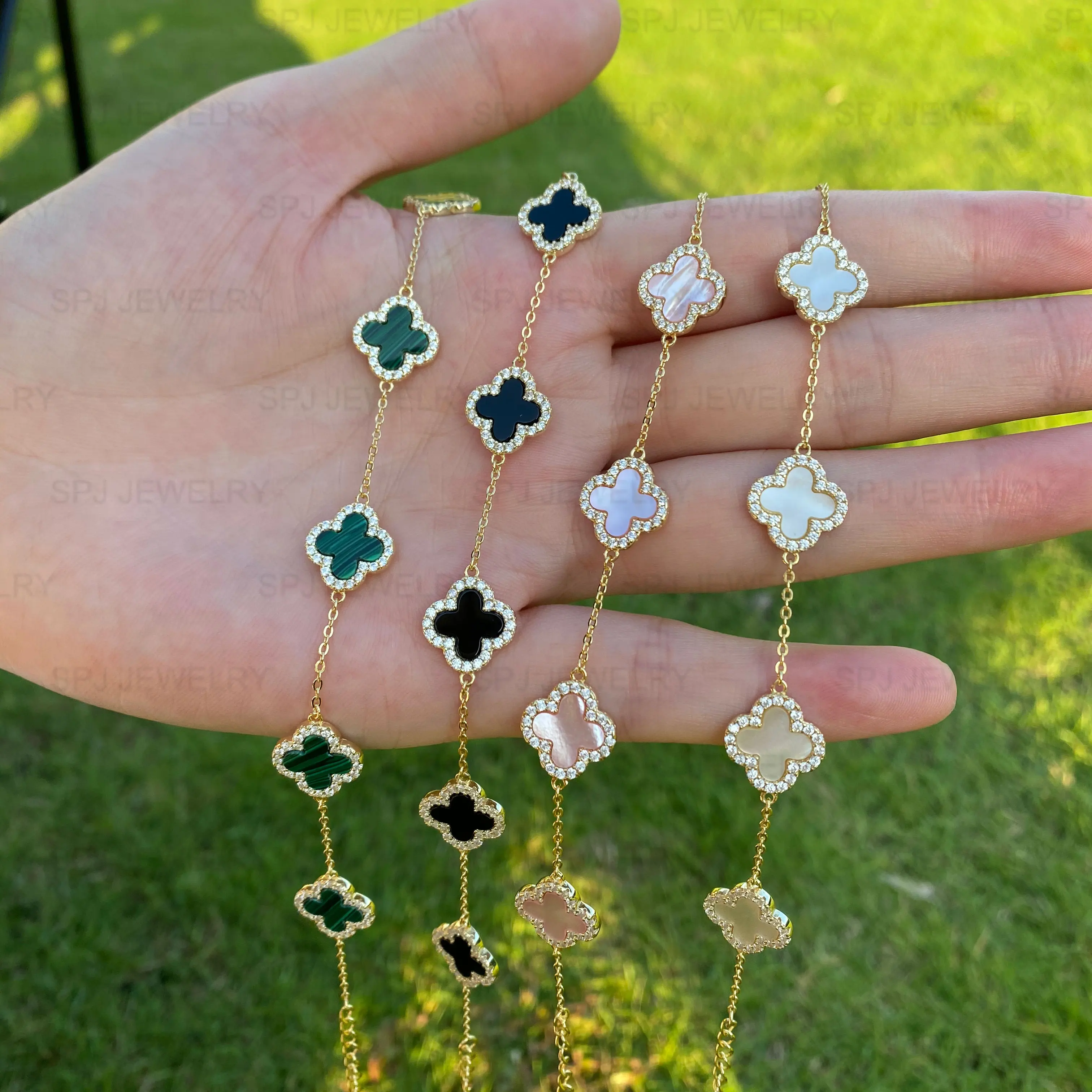 SPJ Vintage Jewellery 14K Gold Plated 925 Sterling Silver Onyx Mother-of-pearl Four-Leaf Clover Icon 5-Mofits Bracelet Jewelry