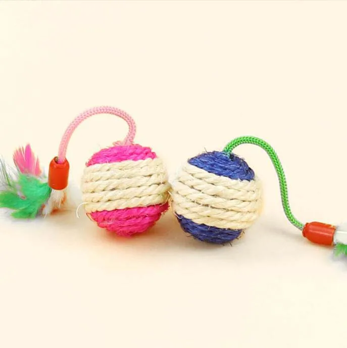 Pet Grinding Claws Toys Cat Interactive Toys Sisal Ball with Feather Tail Sisal Feather Tail Cat Chewing Toy