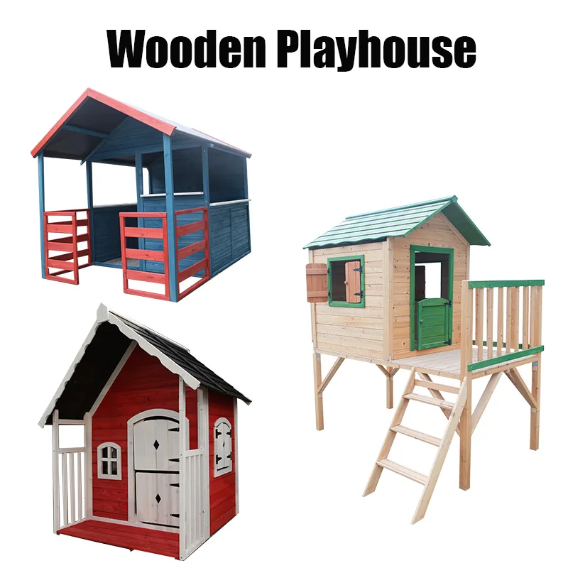 WoodVille 2024 Best Supplier Outdoor Kids Wood Playhouse with Chalk Board & Mail Box for Kids Wooden House
