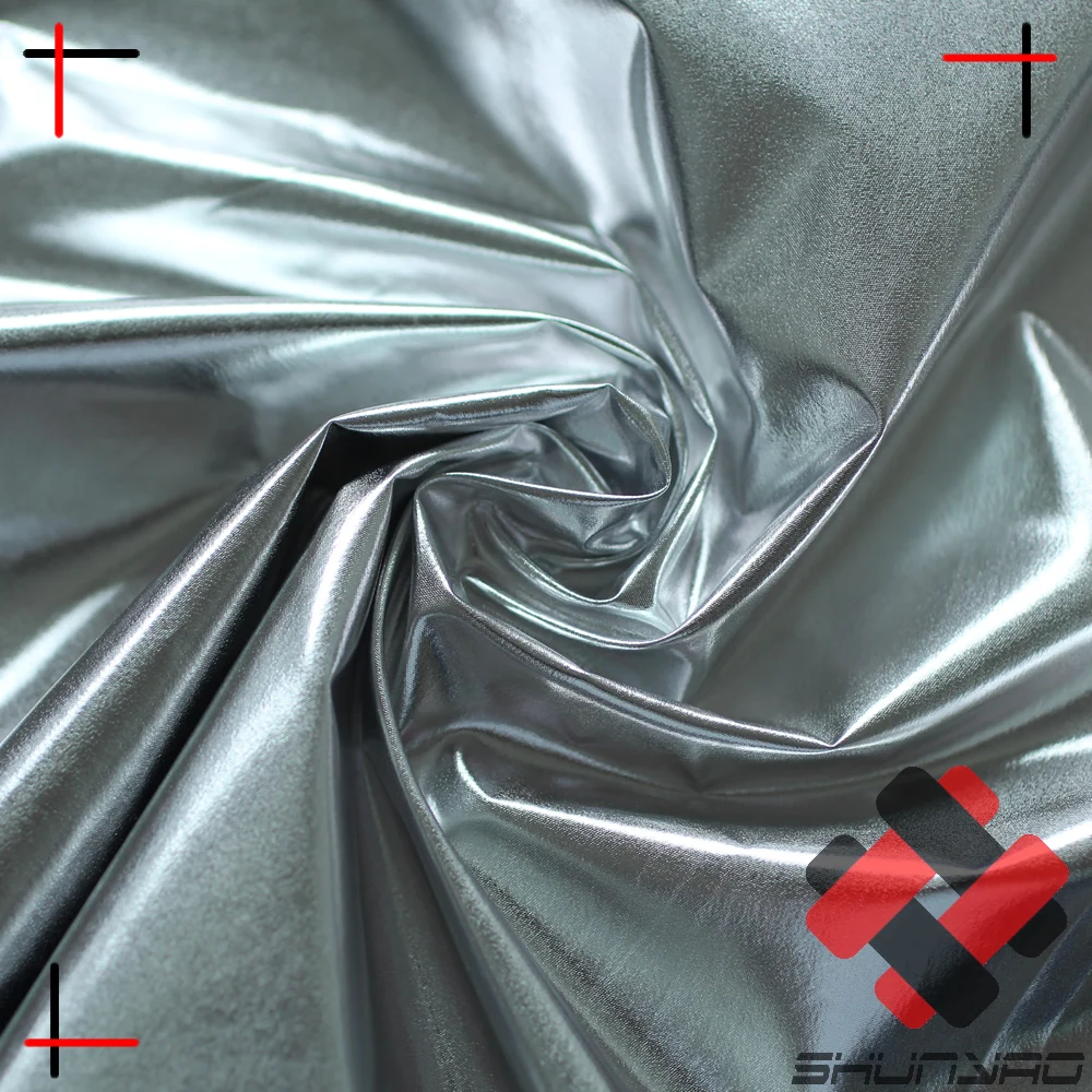 100% polyester foil coated shiny silver glitter fabric