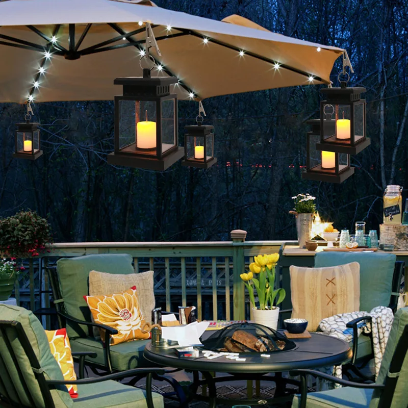 Snowproof LED Solar Lantern Light Flickering Candle Outdoor Lighting Hanging Smokeless Solar Lantern for Camping Garden