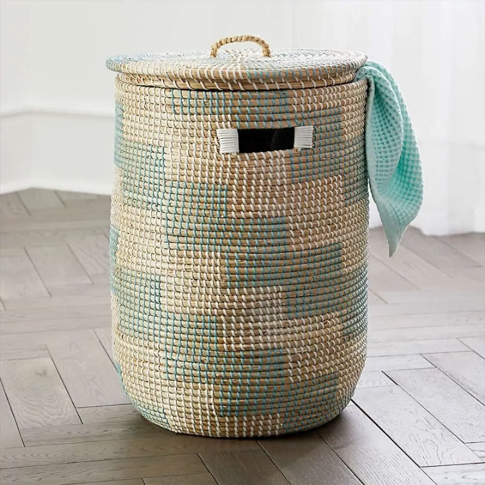Seagrass With Plastic String Hand Woven Storage Basket, Laundry Basket With Lid Merchant Hamper Cheap Price Wholesale