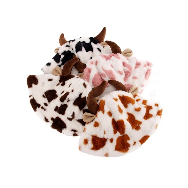 Fashion Animal Horn Cute Women Girls Winter Cow pattern print fishman hat Plush Fuzzy Cow Fluffy Bucket Hat Fur