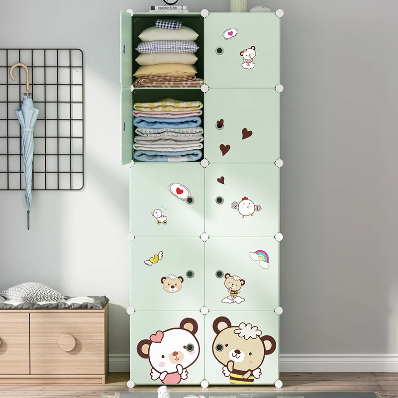 Folding Plastic Cheap Children Wardrobe Baby 12 Cubes with Lovely Stickers Factory Sale PP Portable Plastic Kids Closet Wardrobe