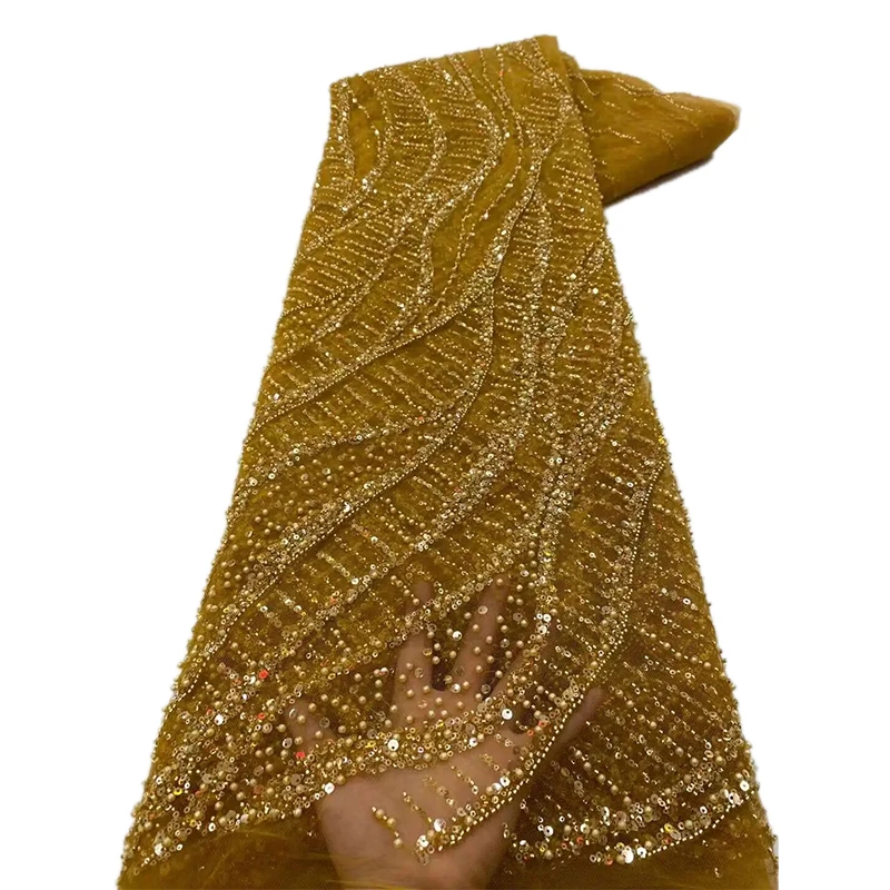 NI.AI New Fashion Beaded Lace Pearls Sequin Fabric Embroidered Sequins Stripe Lace Fabric Net Lace for Dress