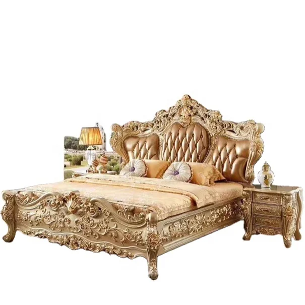 home furniture European Italian classical handmade wooden carved flowers genuine leather royal luxury bedroom set