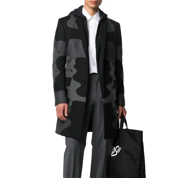 OEM custom mens hooded camouflage pattern wool coat with buttoned cuffs