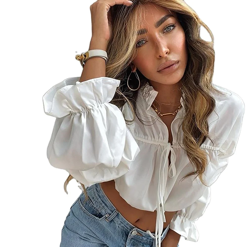 Long Petal Sleeve Cottagecore Ruffle White Blouse Women Stand Collar Hollow Lace-up Crop Tops Solid Fashion Blusas
