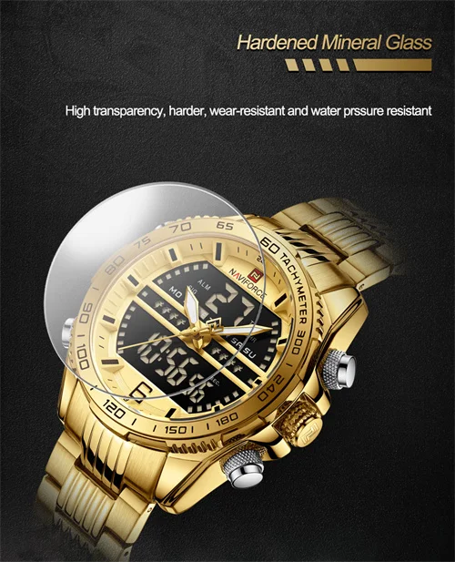 NAVIFORCE 9195 GGG Luxury Quartz Analog Stainless Steel Mans Watches LCD Digital Waterproof Chronograph Watches man wrist Male
