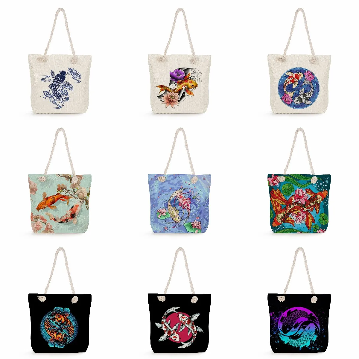 Custom Wholesale Brocade Carp Print Handbags Fashion Travel Beach Bags Fish Tote Women Shoulder Bags Large Capacity Shopping Bag