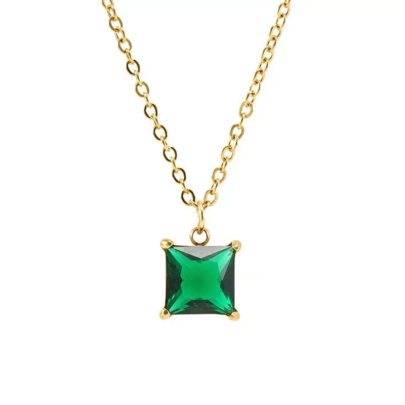 Wholesale Trendy Blue Green Black 10MM Zirconia Jewelry Stainless Steel 18K Gold Plated Square Zircon Diamond Pendant Necklace
