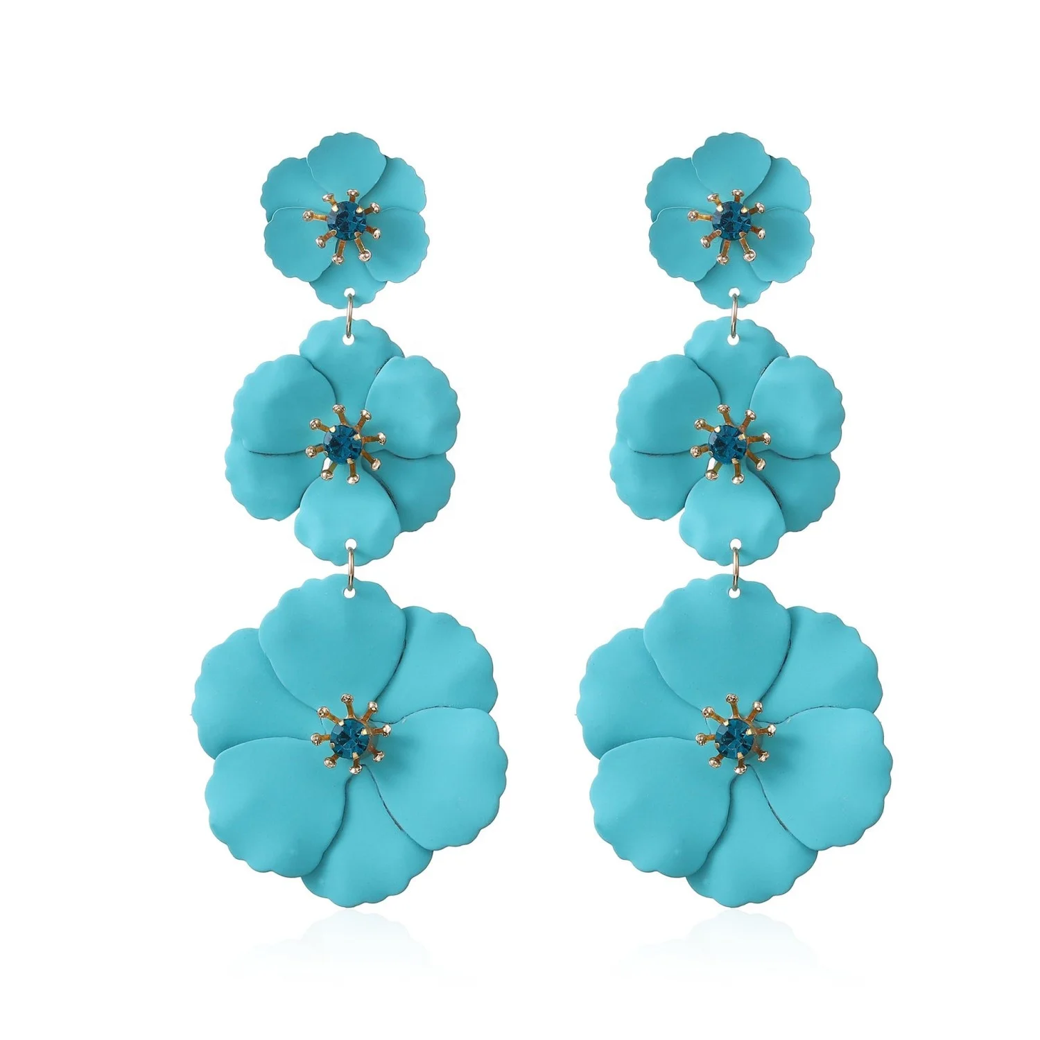 Luxury Women Floral Dangle Earrings Fashion Rhinestone Ear Studs Colorful Three Flower Earrings