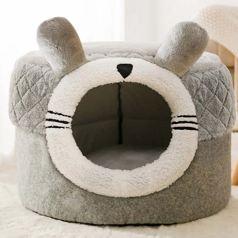 Plush Winter Animal Shape Dog Bed House Warm Closed Cat Cave Nest