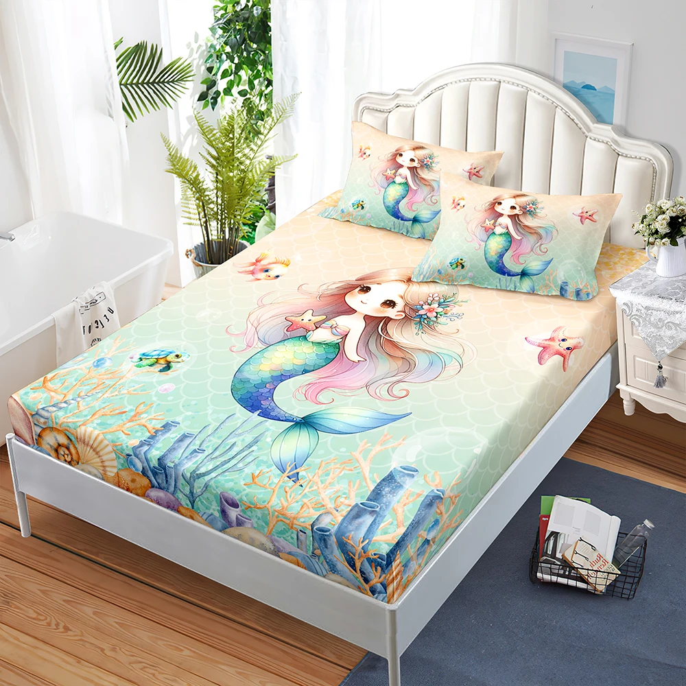 Cute cartoon mermaid girl 3D digital printing fitted sheets bedroom bedding set mattress cover
