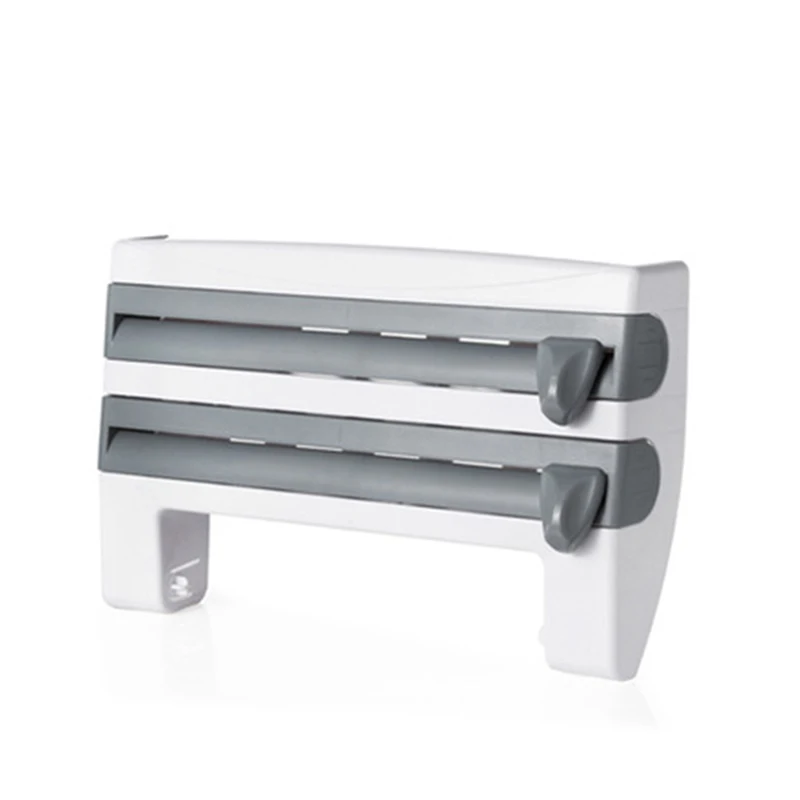 Wall Mounted Kitchen Cling Film Dispenser Storage Rack Aluminum Foil Organizer Paper Rack and Plastic Wrap Dispenser Cutter