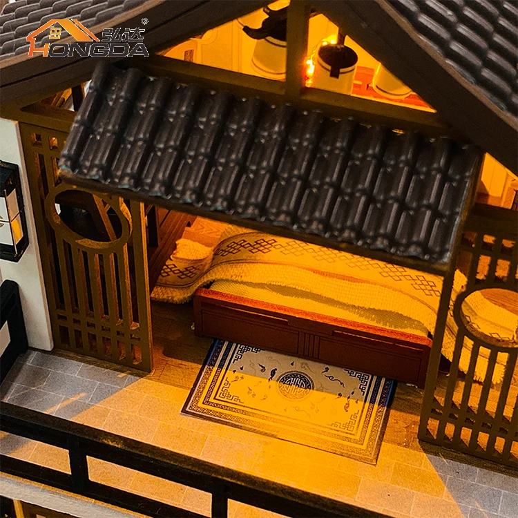 Hongda 2023 new chinese design Wooden doll house diy miniature dollhouse with light for girls