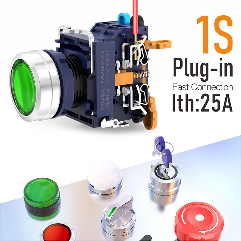 LANBOO 22mm Plug-in High current 25A Metal push button switch indicator light  LED 1NO1NC 2NO Momentary Latching 12V 24V 220V