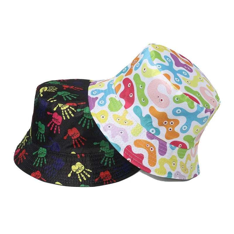 New Fashion Graffiti Color Palm Printing Flat Top Basin Hat Repair Line Outdoor Sunshade Sun Hat Reversible Bucket Hats Custom