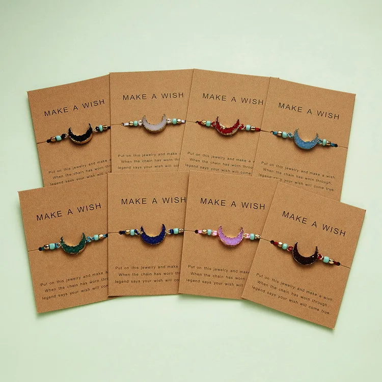 Hot Sale Handmade Wax Cord Braided Wish Card Bracelets Resin Moon Quartz Druzy  Bracelets For Women