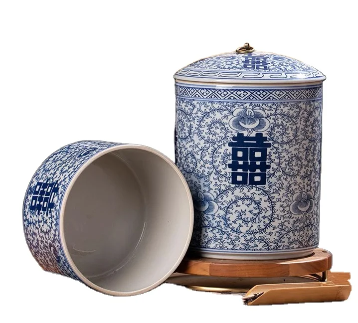 Античная Jingdezhen двойное счастье Танг трава узор синий и белый фарфор банки для хранения