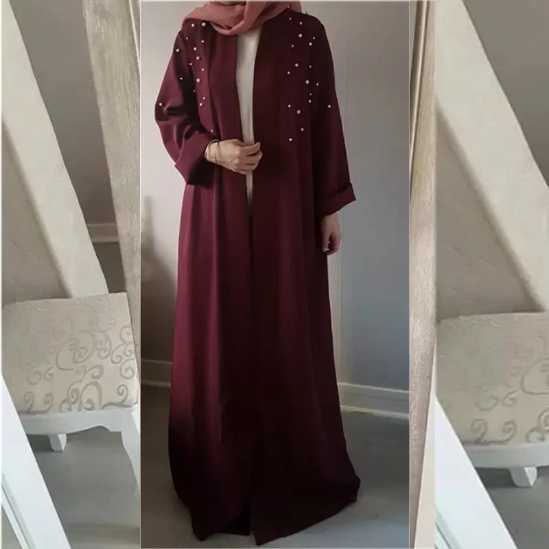 Muslim Abaya Beading Dress Cardigan Pearls Tunic Long Robes Kimono Jubah Ramadan Arabic Turkish Thobe Islamic Prayer Clothing