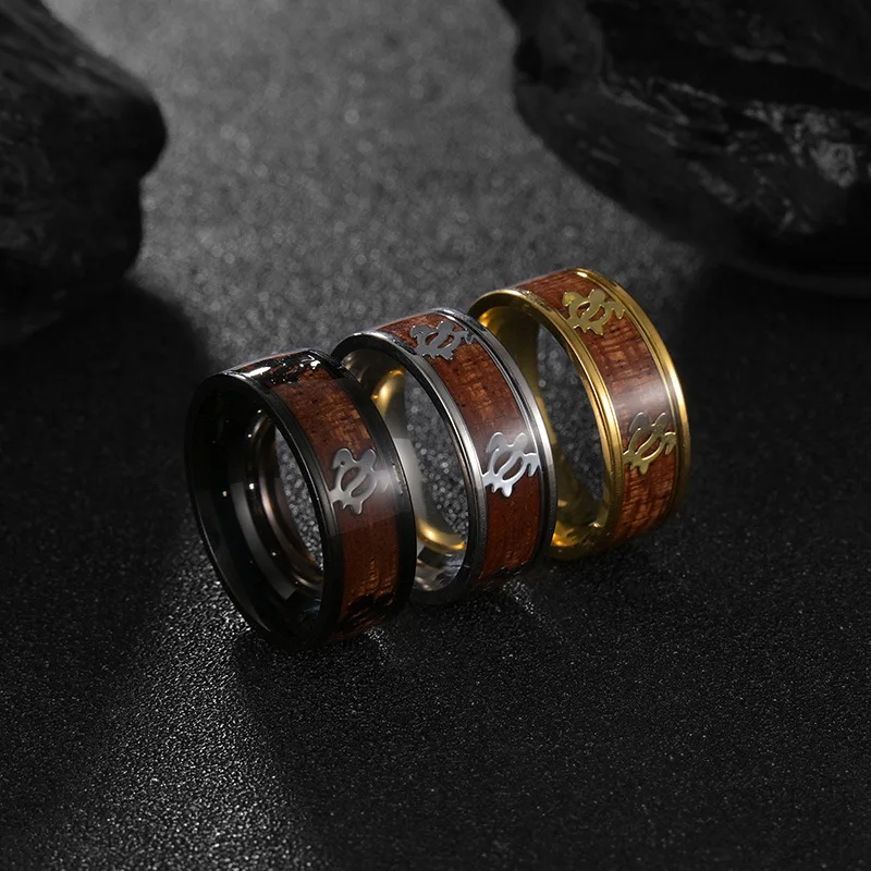 YICAI Hot Selling Inlaid Acacia Wood Turtle Pattern Ring Stainless Steel Gold Silver Plated Wooden Finger Ring