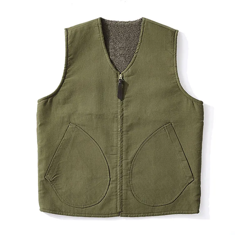 Winter custom logo lamb fleece vest warm zipper front pocket solid color waistcoat vest for men