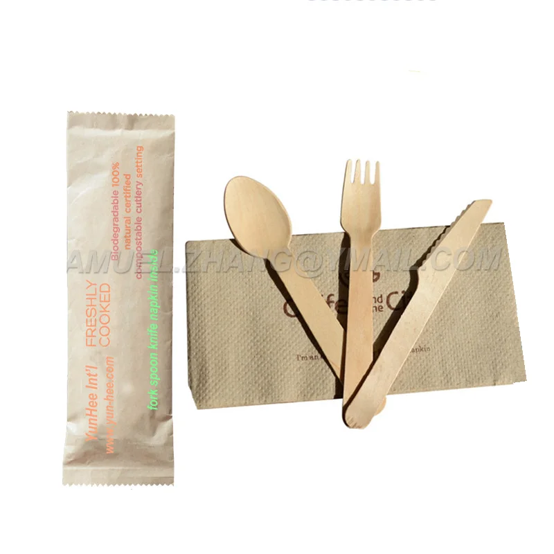 100%Natural Mini Fruit  Bread Pizza Takeout Cutlery Set Wooden Disposable Spoon Knife Fork