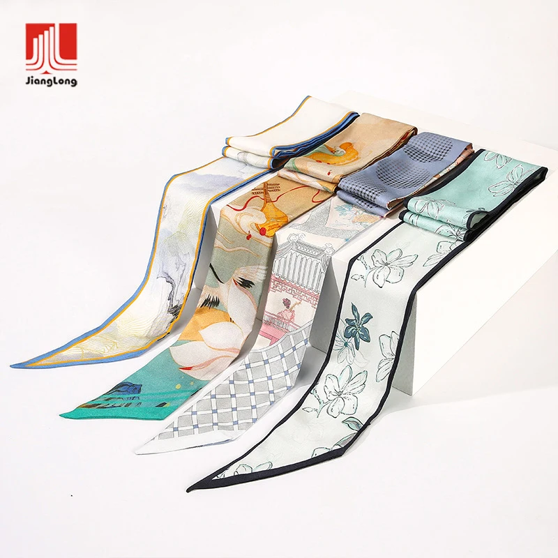 High Quality Custom Mulberry Silk Luxury 6x125cm Women Ladies Floral Print Digital Printed Twill Silk Head Scarf