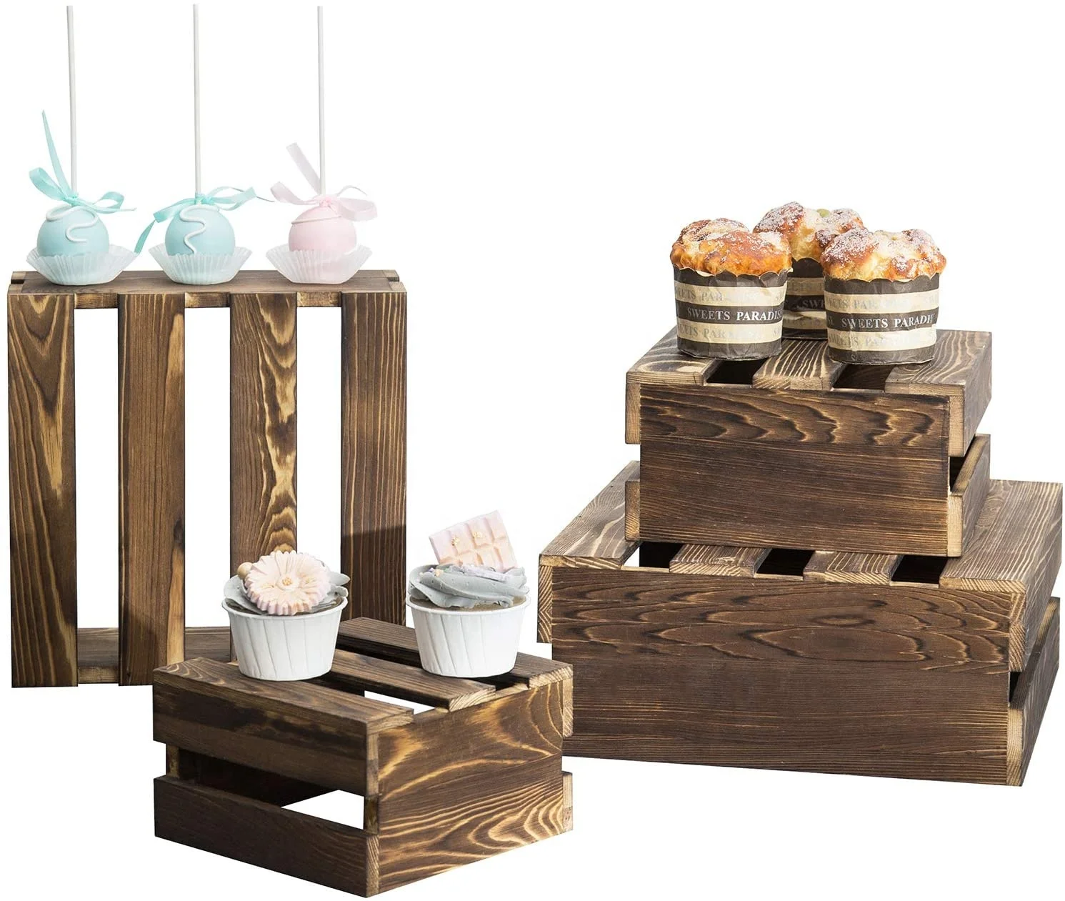 Rustic Brown Wood Cupcake Display Stand Crate Style Appetizer Plate Dessert Cake Stand Set of 4 Fruits & Vegetables Boxes