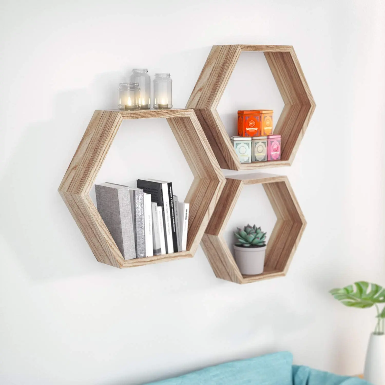 Set of 3 Home Decoration Rustic Farmhouse Wood Hexagon Wall Mounted Floating Shelf Wooden Honeycomb Storage Shelves