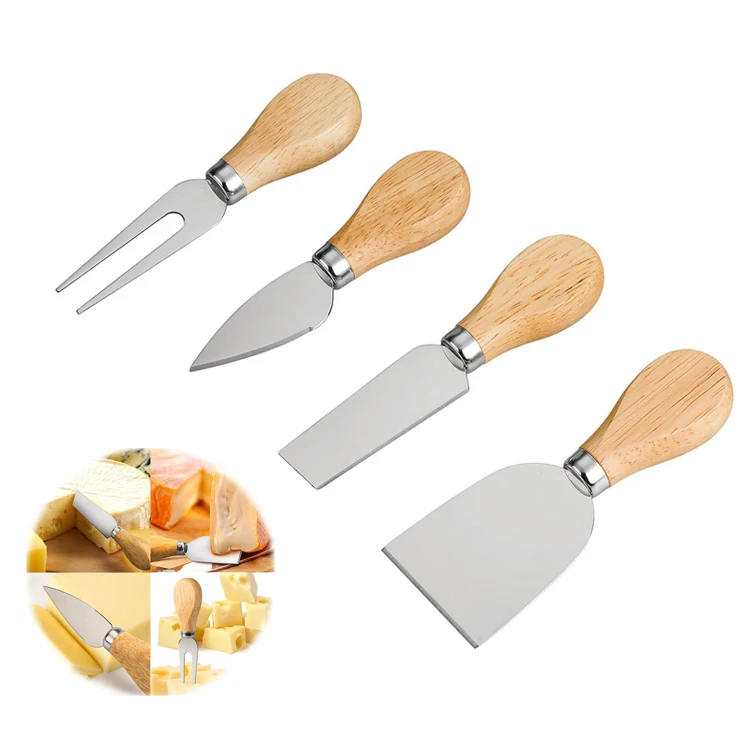 Top Selling Butter Pizza Cheese Tools Cutter Wood Bamboo Handle Stainless Steel Cheese Knife Set