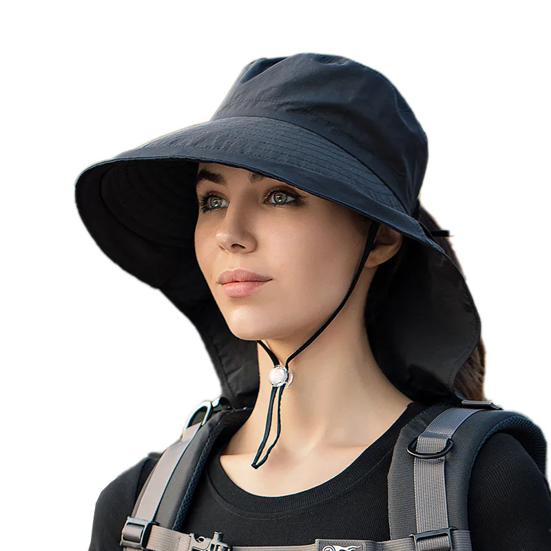 UPF50+ Outdoor Women Sun Hat Wide Brim Fishing Hat with Neck Flap Ponytail Hole
