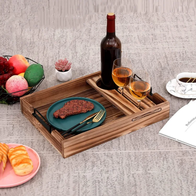 Factory Wholesale Natural Fir Wood Handcrafted New Design Removable Wine Glass Holder Wooden Food Tray