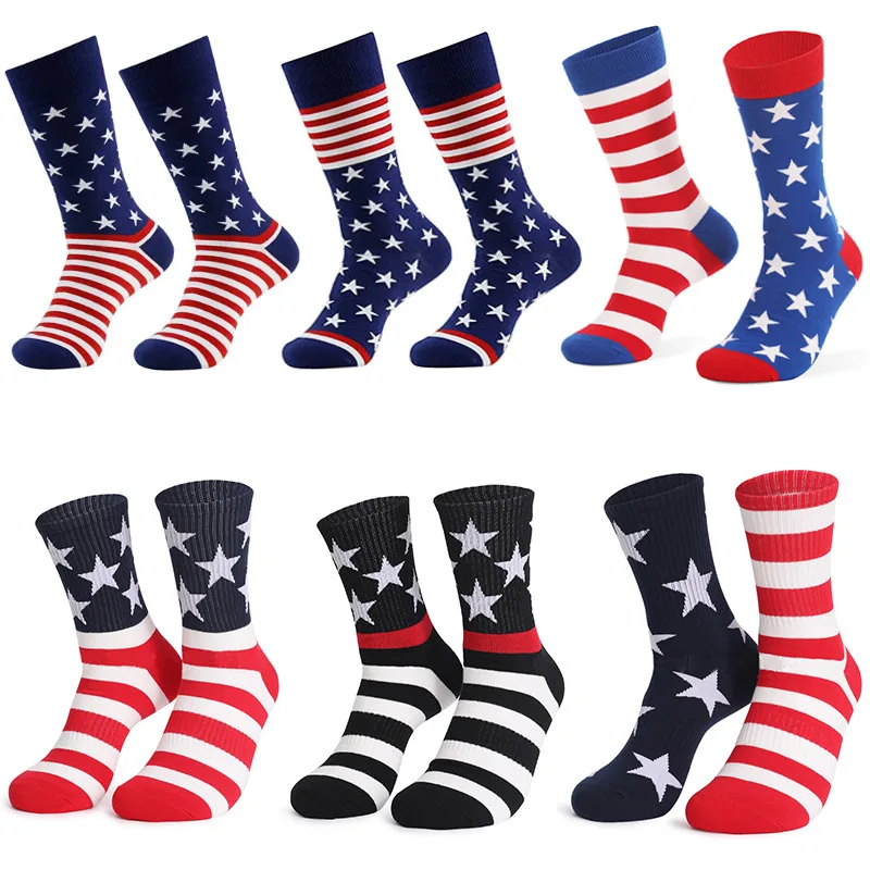 Ready to ship usa Independence Day flag socks matching striped mid-tube casual stockings socks cotton mens sports socks