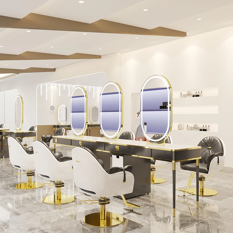 Modern Stainless Steel Design Barber Hair Double Sided Beauty Styling Stations Equipment Makeup Led Salon Mirror