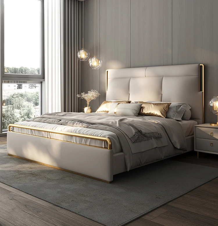 Modern light luxury leather bed new simple solid wood bed bedroom high-end Italian leather art bed for bedroom furniture
