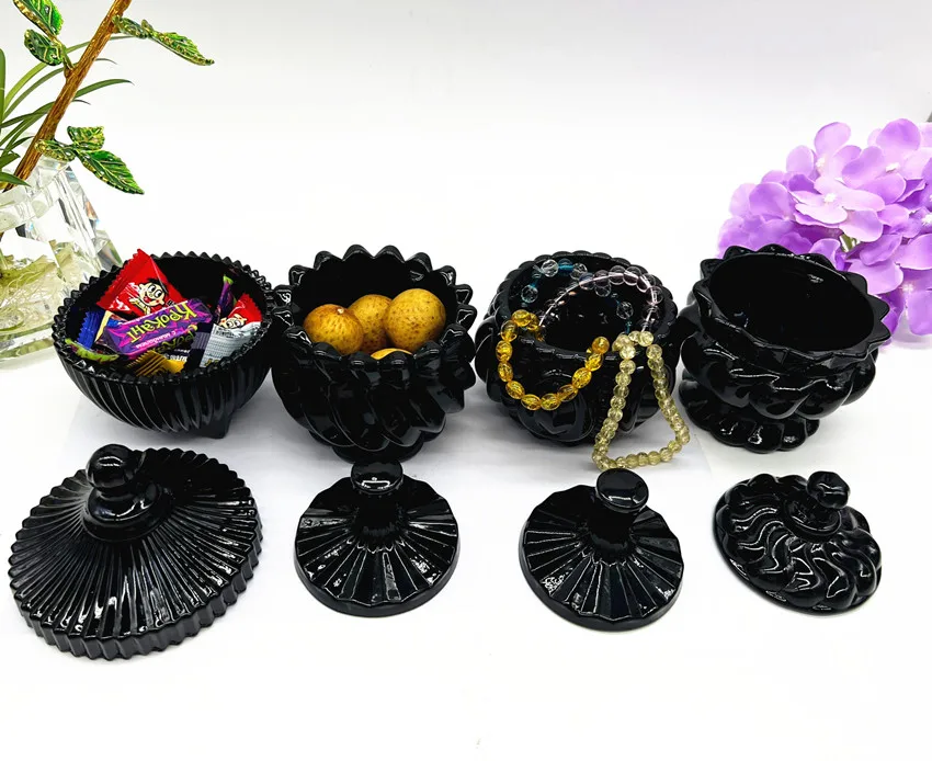 Home Decor Restaurant Coffee Bar Decor Elegant Black Glass Candle Holder Crystal Sugar Candy Bowl With Lid