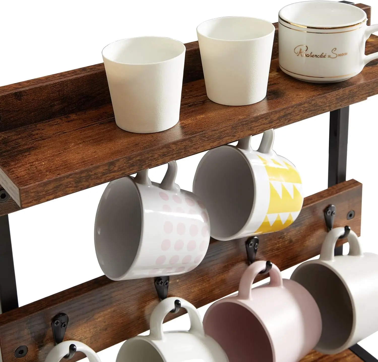 Rustic Coffee Mug Holder Stand, 2 Tier Countertop Mug Tree Holder Rack with Storage Base, Vintage Mug Holders for Kitchen