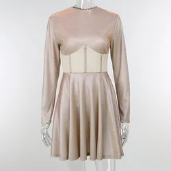 Long Sleeve Winter Fashion Dress Shinny Glitter Cute A -line Dress Faux Mesh Corset Dress party Women