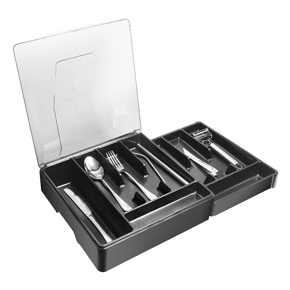 2 уровня Портативная подставка для кухонных инструментов расширяемый столовые приборы ящик пластиковый ящик Органайзер для столовых приборов с крышкой