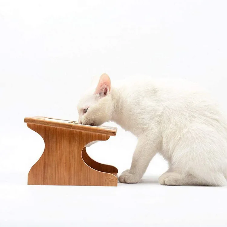 Wholesale nordic modern contemporary cute cartoon indoor ceramic bamboo food dog and cat pets feeder bowl